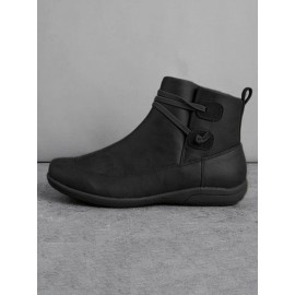 Women Casual Soft Braided Strap Lether PU Flat Heel Snow Boots