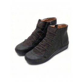 Women Lether Fall Flat Heel PU Boots