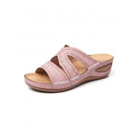 Floral Embroidered Cutout Boho Casual Wedge Slides