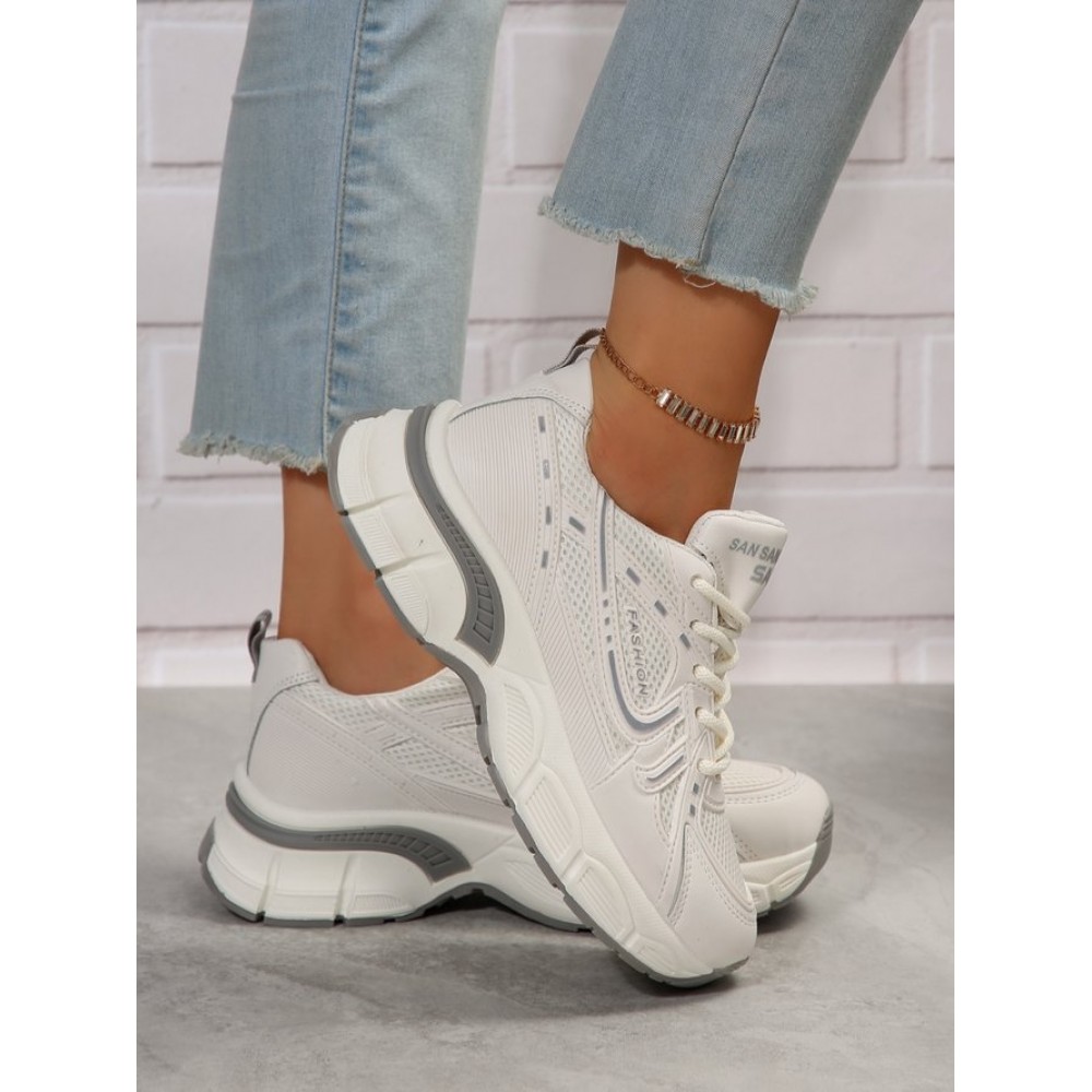 Sports Plain Breathable Lace-Up Block Heel Chunky Trainers Split Joint
